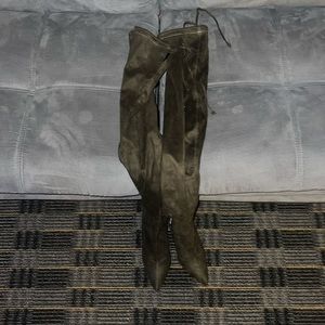 Green suede thigh, high boots, size 8
